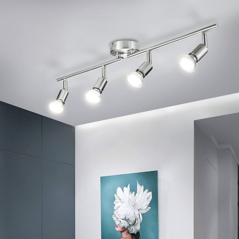 Plafonnier 4 spots pivotants & orientables, 4 ampoules led GU10, barre spots plafond salon salle à manger cuisine couloir