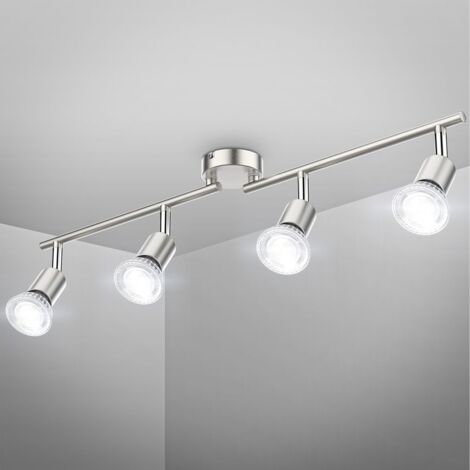 Plafonnier 4 spots pivotants & orientables, inclus 4 ampoules LED 5W GU10, barre spots plafond salon salle à manger cuisine couloir, lumière blanche neutre