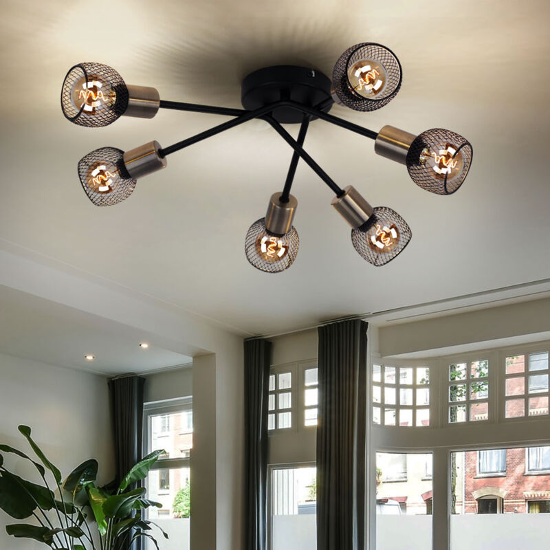Plafonnier 6 flammes luminaire de salon rétro noir plafonnier grille, vieux laiton, métal, 6x douilles E14, DxH 60x18 cm