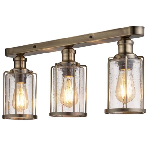 Plafonnier à 3 flammes Pipes, laiton antique avec bulles d'air, verre dimmable