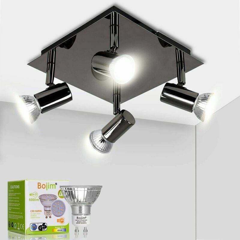 Plafonnier à spot Luminaire Plafonnier led 4 Spots Orientables Carré Moderne en Chrome Noir, 6W GU10 4500K Blanc Neutre AC220-240V IP20, Luminaire