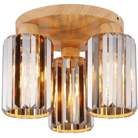 Plafonnier Abat-jour Cluster Aspect Bois Cristaux K5 Fumés 3x E27