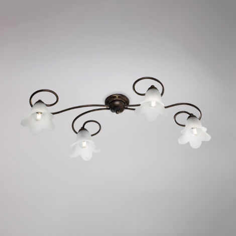 Plafonnier Alice Fer Marron, Déco Or Antique, Verre Albâtre D.14, 4 Lumières 87X40 Cm, Design Compact