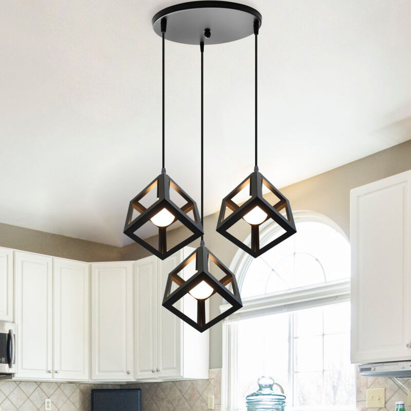 Norcks - Plafonnier Antique à 3 Lumières Lustre Creative Cube Noire Suspension Luminaire Rétro En Métal, Pour Bureau, Chambre à Coucher, Cuisine,