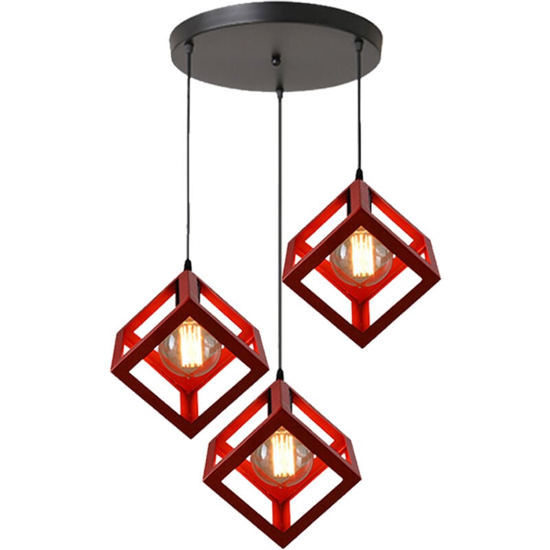 Norcks - Plafonnier Antique à 3 Lumières Lustre Creative Cube Rouge Suspension Luminaire Rétro En Métal, Pour Bureau, Chambre à Coucher, Cuisine,