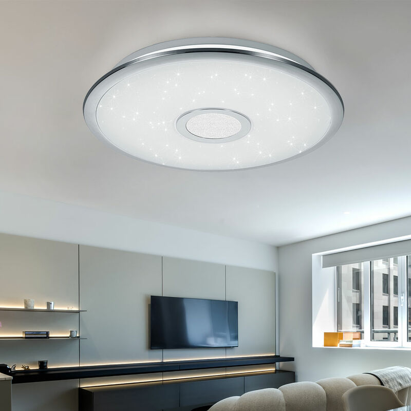 Plafonnier argent lampe de salon dimmable plafonnier moderne, télécommande led effet étoile cct blanc, 1x led 18W 1800lm 3000-5500K, DxH 42x7.5cm