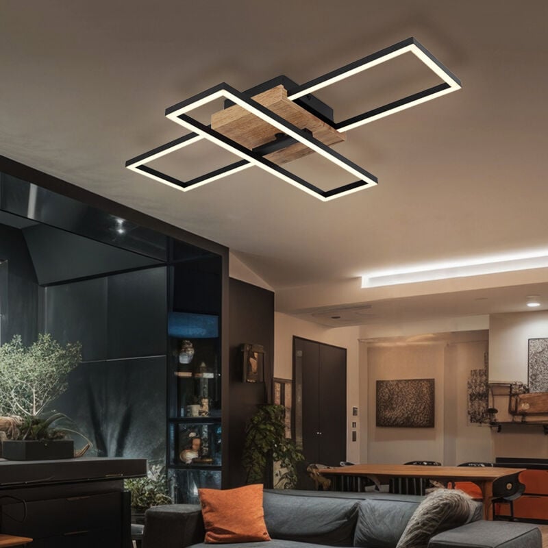 Plafonnier aspect bois plafonnier pivotant lampe de salon noir, mdf métal opale, 1x led 18W 1300lumen blanc chaud, LxPxH 60x15x10 cm