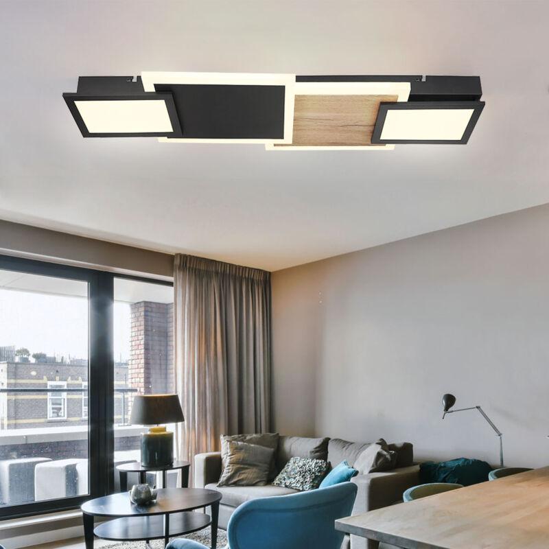 Globo Lighting - Plafonnier aspect bois salon plafonnier moderne plafonnier led noir, métal mdf, 1x led 30W 1850Lm blanc chaud, LxPxH 71,5x25x8 cm