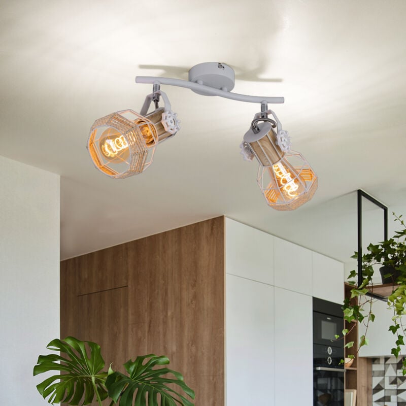 Plafonnier aspect bois spot spot plafonnier orientable blanc, métal, 2x douilles E27, LxlxH 29,6x23x19 cm