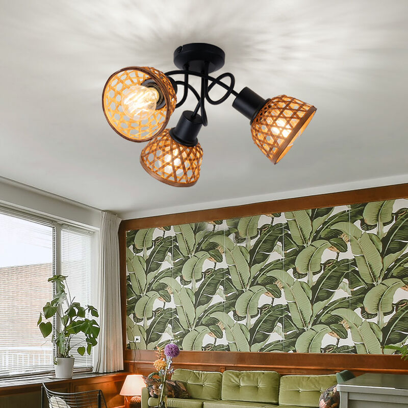 Plafonnier avec abat-jour en maille de bambou, spot, métal, noir marron mat, 3x douilles E27, DxH 46x25cm