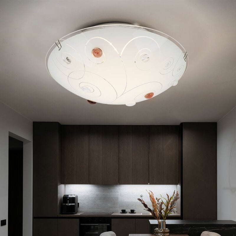 Plafonnier avec abat-jour en verre, 1 flamme, éclairage de salon, opale avec pierres décoratives, lignes métalliques chromées, 1x led 8 watts 640 lm,