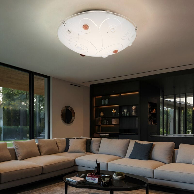 Plafonnier avec abat-jour en verre, 1 flamme, éclairage de salon, opale avec pierres décoratives, lignes métalliques chromées, 1x led 8 watts 640 lm,