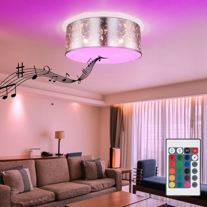 Plafonnier avec haut-parleur Bluetooth 40 cm lampe de chambre plafonnier argenté salon, télécommande dimmable, 3x led rvb 8,5W 806Lm blanc chaud, h