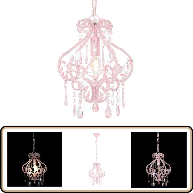 Plafonnier avec perles Rose Rond E14 - Luminaire Suspendu - Lampadaire - Plafond Rose - Luminaire Moderne - Décoration Intérieure
