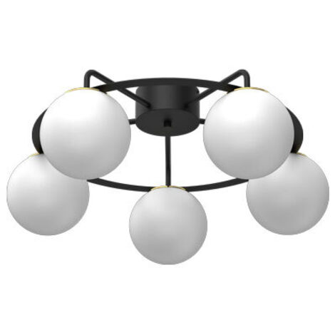 Plafonnier Ballo noir-or 5 globes blancs verre E27 62cm