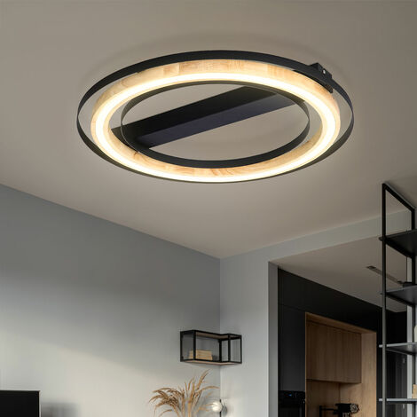 Plafonnier bambou plafonnier LED dimmable plafonnier salon, variateur 3 niveaux aspect bois, métal noir naturel, 1x LED 21W 3000Lm 3000K, DxH 56x6cm