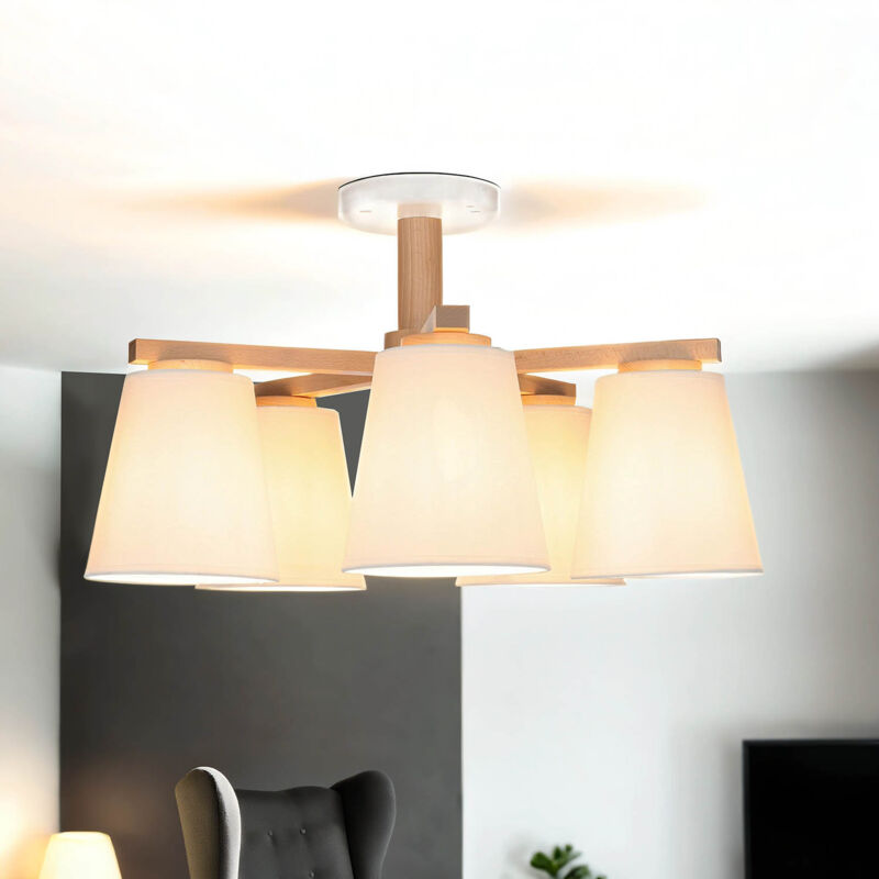 Licht-erlebnisse - Plafonnier Blanc Bois Tissu Scandinave 3x E27 Salon Licht-erlebnisse - Plafonnier Blanc Bois Tissu Scandinave 3x E27 Salon