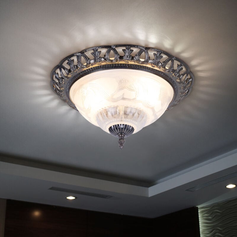 Plafonnier lampe de salon blanche plafonnier argent antique rond, lampe rétro éléments ornés de nacre, métal, 2x douilles E14, DxH 33x17 cm