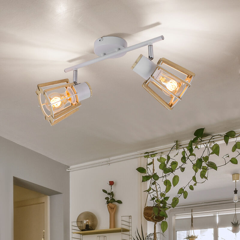 Plafonnier blanc plafonnier spots en bois pour plafond, 2 spots flamme mobiles, style campagnard aspect bois métal blanc naturel, 2x douilles E27,
