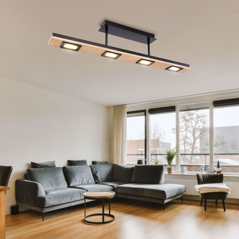 Plafonnier bois 4 flammes lampe en bois plafond lampe de cuisine moderne plafonnier led, métal marron foncé verre satiné noir, 4x 5W 4x 420 lm 3000K,