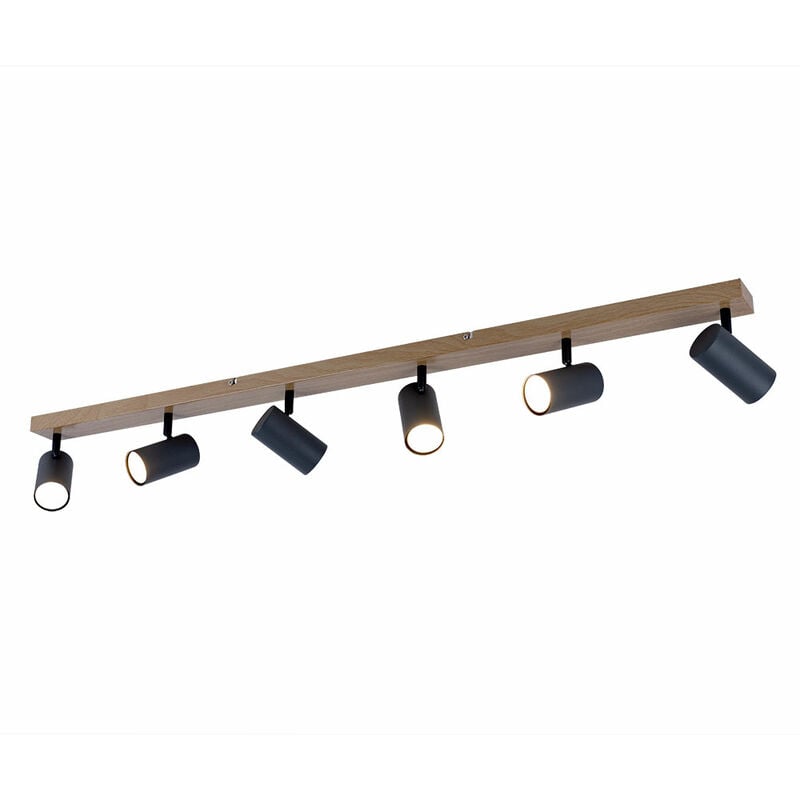 Plafonnier bois spots lampes bois 6 flammes, spots mobiles style campagnard, métal marron graphite, 6x douilles GU10, LxPxH 115x6x12cm