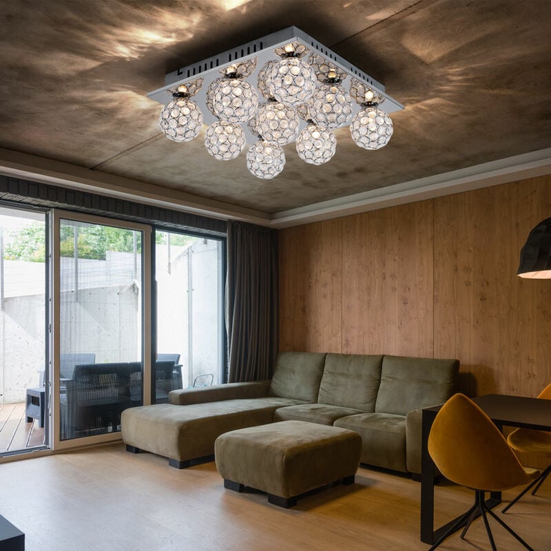 Plafonnier boules cristal plafonnier chrome Plafonnier cristaux moderne, métal, 9 flammes douilles G9, LxPxH 37x37x14 cm