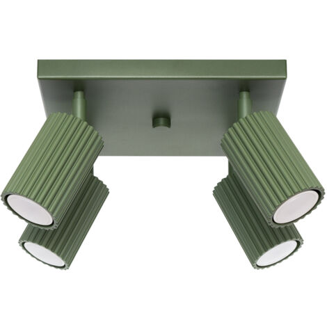 Plafonnier carré moderne vert olive, spots orientables de 25 cm à ailettes pour salon et cuisine, 4 ampoules GU10 10 W, KARBON Sollux Lighting