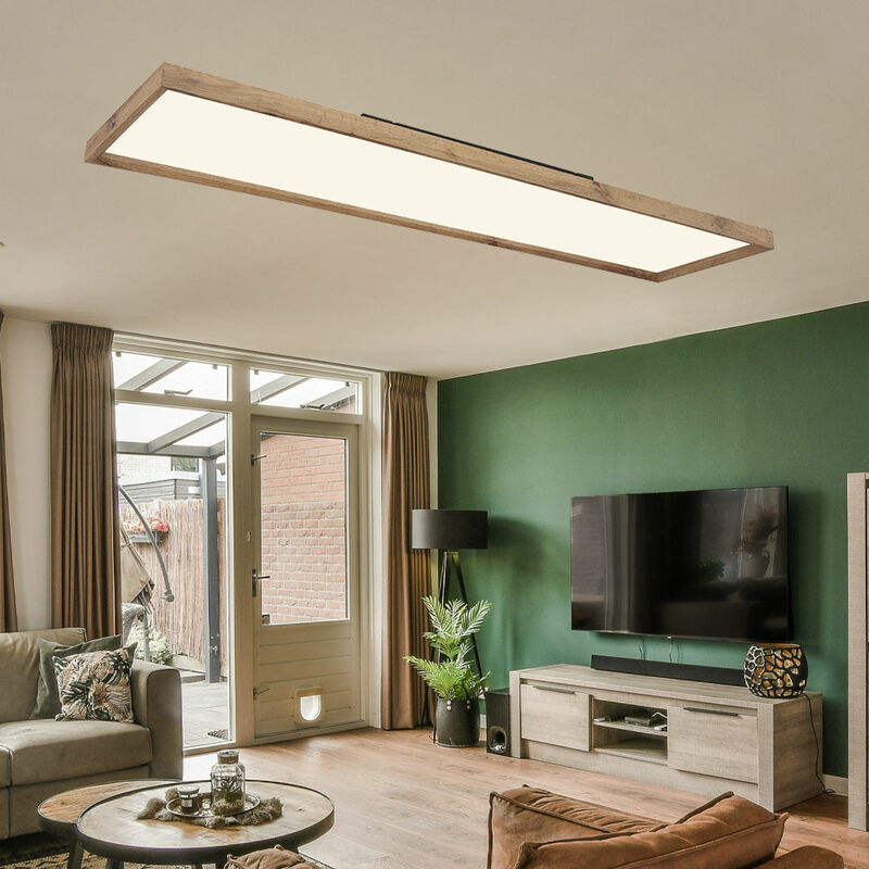 Plafonnier cct plafonnier chambre lampe en bois de style campagnard, opale marron, led 36W 2400lm 2700-6500K, LxlxH 120x30x8,5 cm