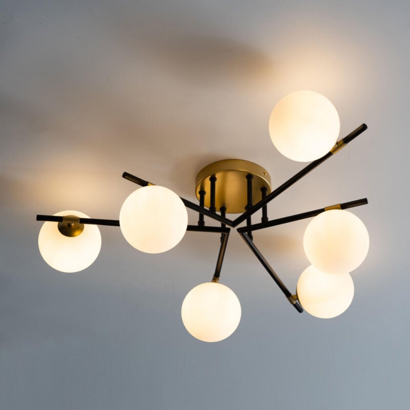 Kosilum - Plafonnier chaleureux noir et doré à 6 verres blancs - Mattina