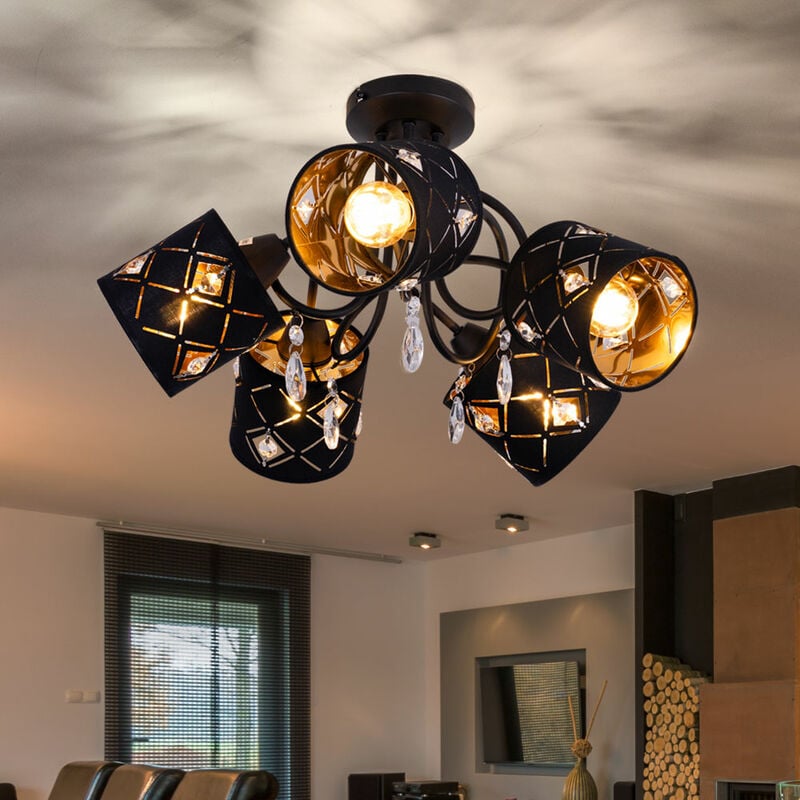 Plafonnier chambre noir rétro plafonnier cuisine lampe spot noir, rideaux de cristal, 5 lumières E14, DxH 46x27,5 cm