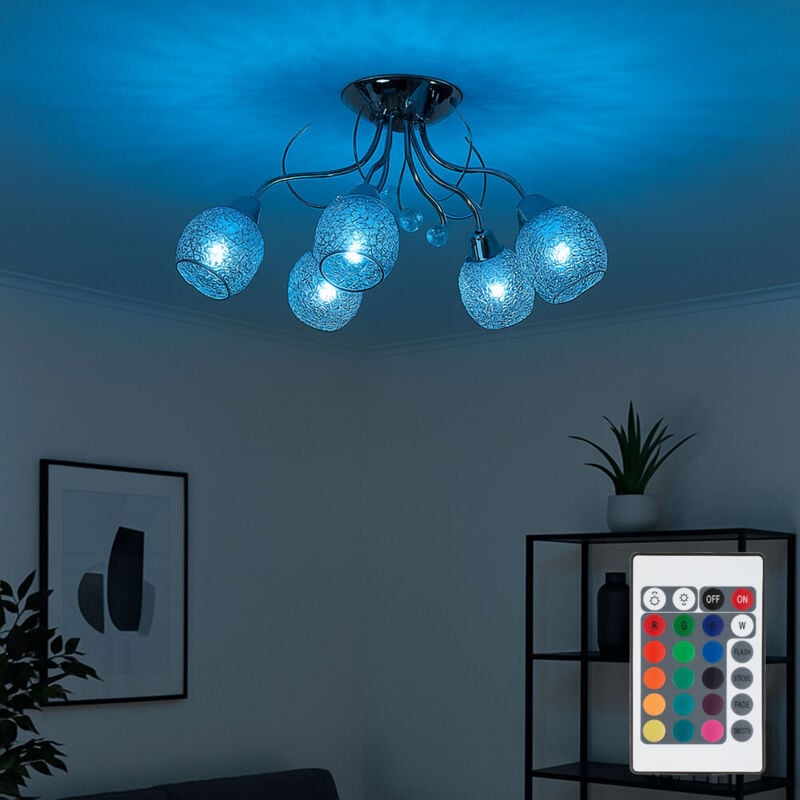Globo Lighting - Plafonnier chrome cristal spot lumineux plafonnier cristaux, maille chromée, 5x E14, télécommande dimmable, led rgb 4,8W 470Lm 3000K