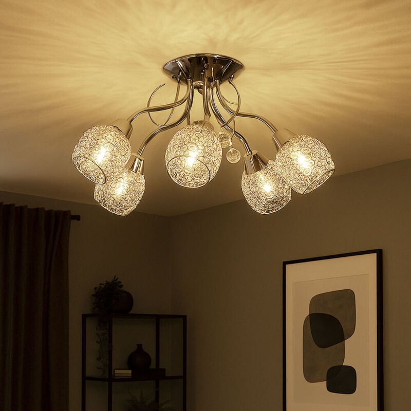 Plafonnier chrome cristal spot plafonnier cristaux 5 ampoules, maille chromée, 5x douilles E14, DxH 54x22 cm