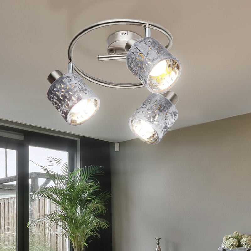 Plafonnier spot 3 lampes, plafonnier orientable velours, métal argenté, 3x douilles E14, DxH 25x15 cm