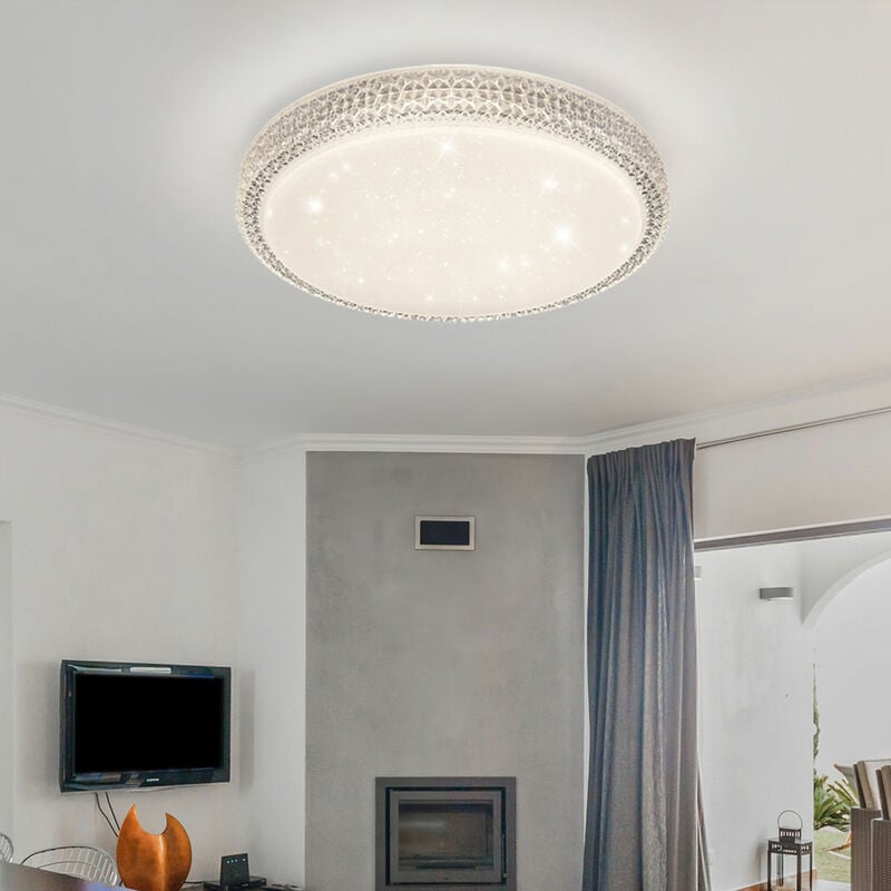 Plafonnier en cristal lampe ronde plafonnier salon, décoration en cristal cct effet ciel étoilé, métal opale blanc clair, 1x led 22 watts 1600 lumens