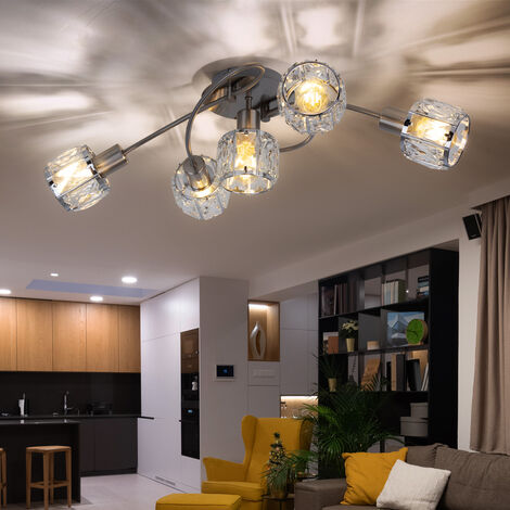 Plafonnier cristaux lampe de salon plafonnier chrome, nickel mat, 5x douilles E14, LxlxH 61,4x36x21 cm