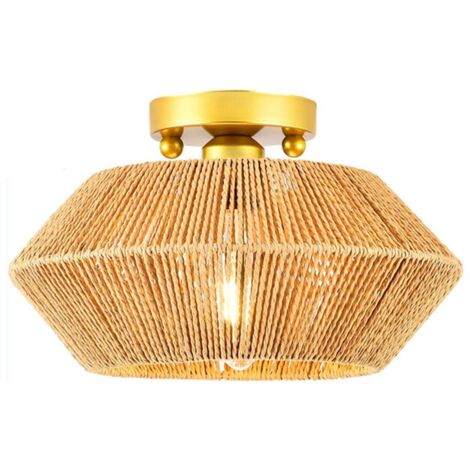 Plafonnier de 31 cm, plafonnier semi-encastré style bohème, lustre de ferme avec abat-jour en osier tissé, décoration de plafonnier rustique