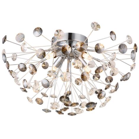 Plafonnier de salon, lampe de plafond, 4 flammes, cristal fumé transparent G9