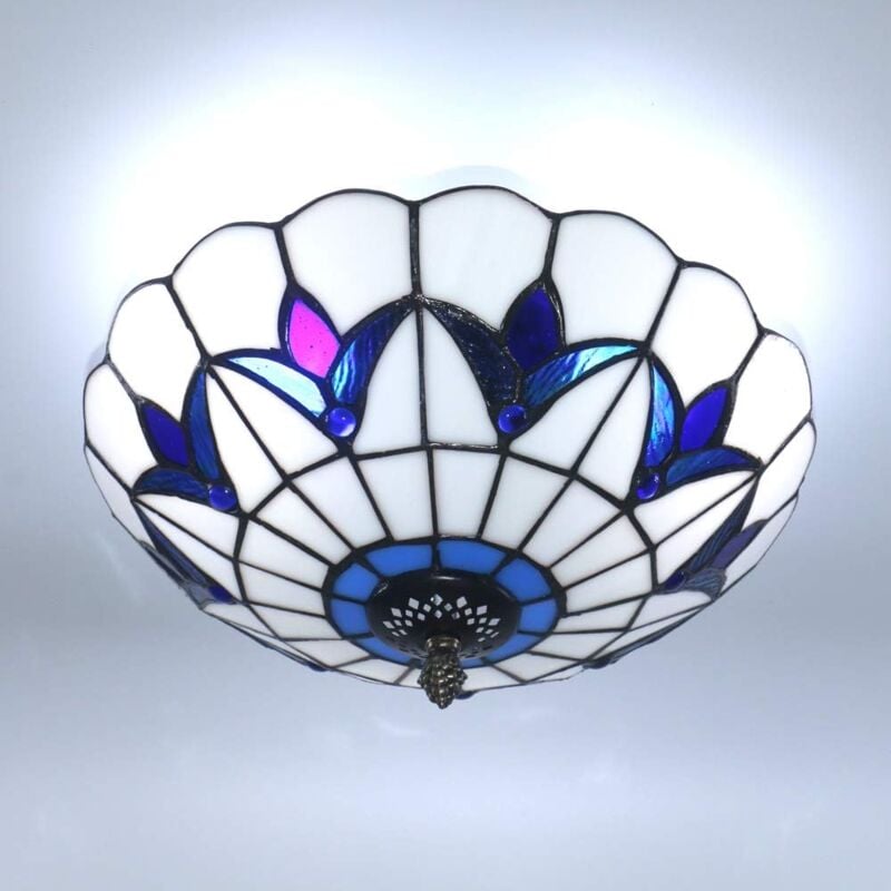 Plafonnier de style Tiffany Lustres vintage Lumière Vitrail Plafonnier Encastré Lampes (9,8 pouces)