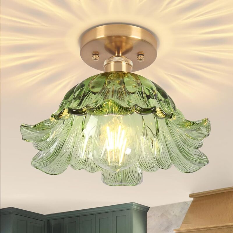 Plafonnier Décoratif Verre Fleuri, Style Rétro - Éclairage Couloir, Dressing, Porche - Lumière Semi-Encastrée E27 (20x15cm) - Sans Ampoule