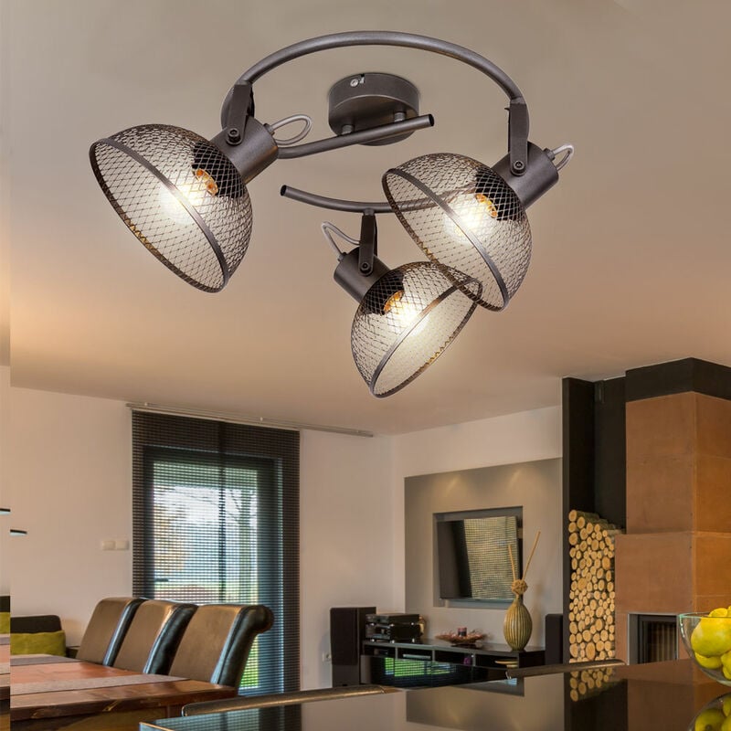 Plafonnier spot 3 flammes, plafonnier orientable, abat-jour grillagé, métal, 3x douilles E27, DxH 30x20,6 cm