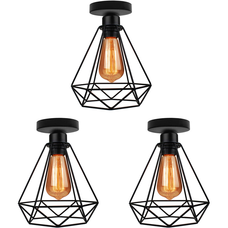 Plafonnier Diamant Industriel E27 20,5cm Lustre Suspension Luminaire pour Salon Escalier Couloir Noir 3PCS
