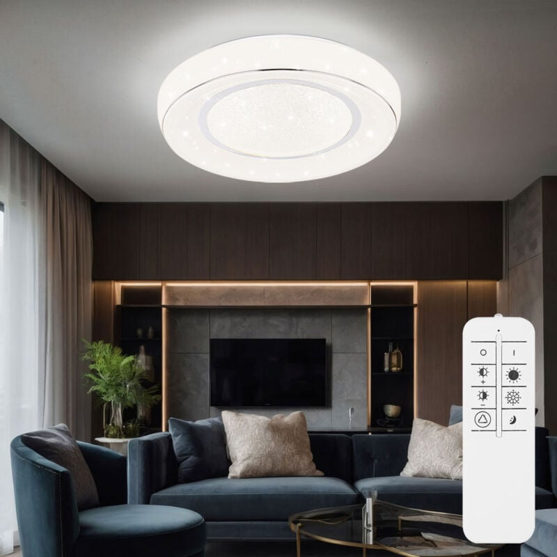 Plafonnier dimmable avec télécommande Plafonnier led en cristal pour salon, effet ciel étoilé, température de couleur réglable avec veilleuse, 1x 24W