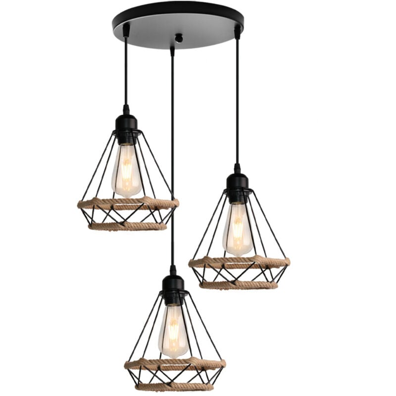 Plafonnier D'Intérieur Rétro Noir Suspension Luminaire En Corde De Chanvre 20CM Lustre Diamant 3 Lumières Suspension Lustre Vintage En Métal