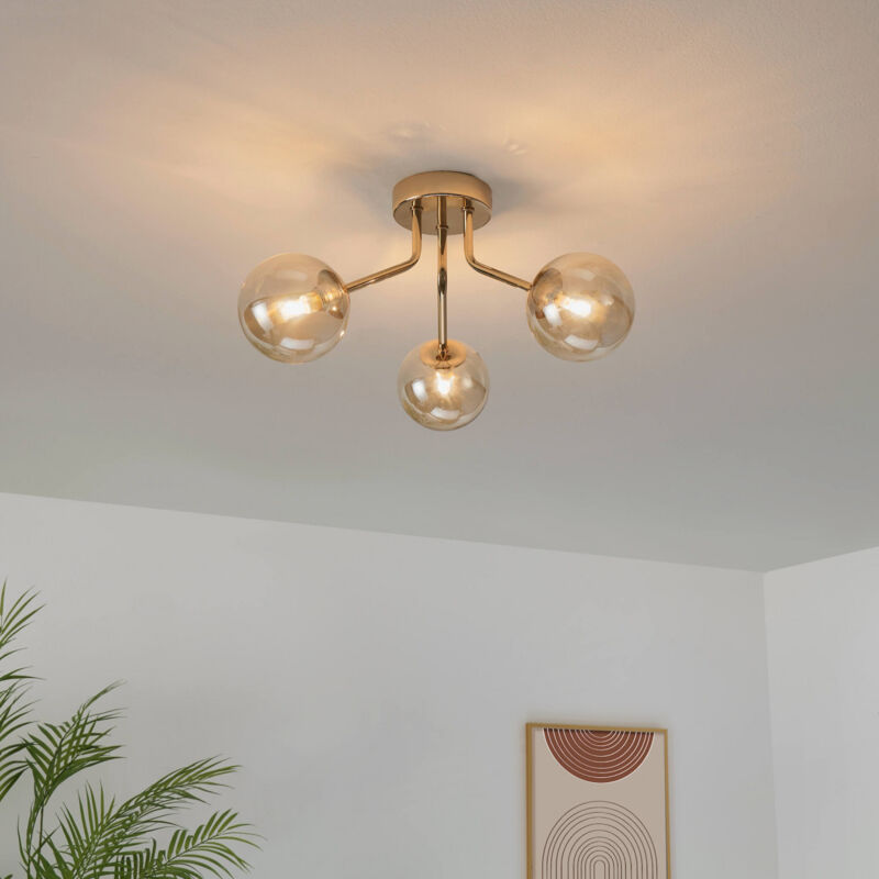 Plafonnier doré à 3 sphères en verre ambré - Ottavia
