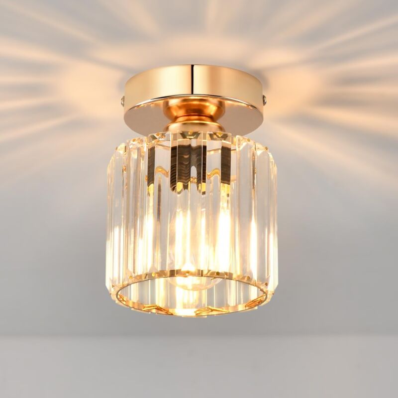 Plafonnier Doré en Cristal Industriel, Luminaire E27 Lustre Suspension Design Métal Ø135mm,Eclairage Plafond Moderne pour Couloir, Salon, Salle à