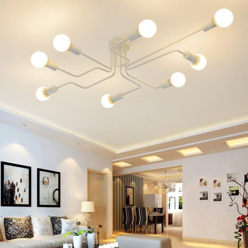 Plafonnier Éclairage En Métal (Blanc) 8 E27 Lustre Moderne Pour Salon Chambre Restaurant Café (Sans Ampoule)