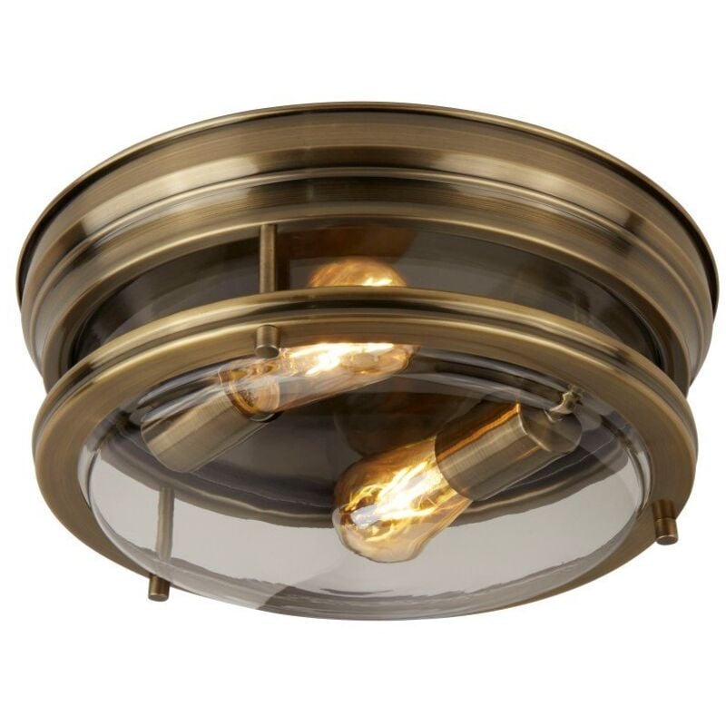 Edinburgh - Plafonnier affleurant de salle de bains à 2 ampoules en laiton antique IP44, E27 - Searchlight