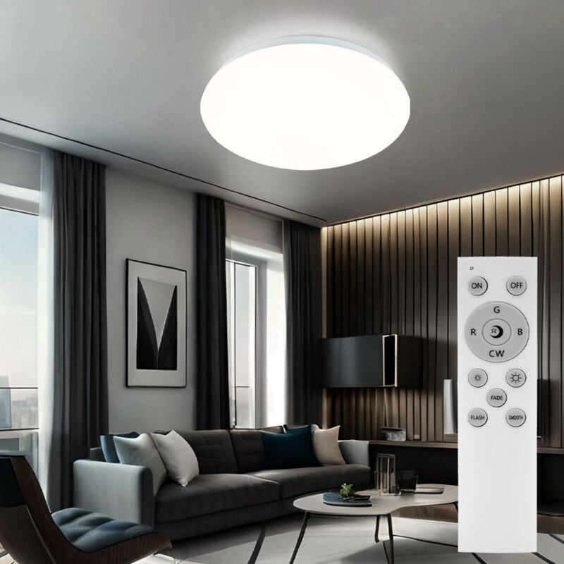 Plafonnier effet ciel étoilé Plafonnier avec changeur de couleurs, led rvb 15 watts blanc chaud 580 lumens, dimmable, télécommande, 29x9cm, salon