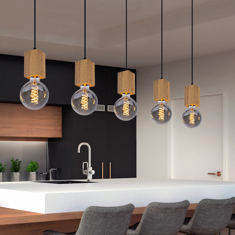 Suspension 5 flammes salle à manger aspect bois clair suspension réglable en hauteur bois, métal MDF, 5x douille E27, LxPxH 115x6x120 cm