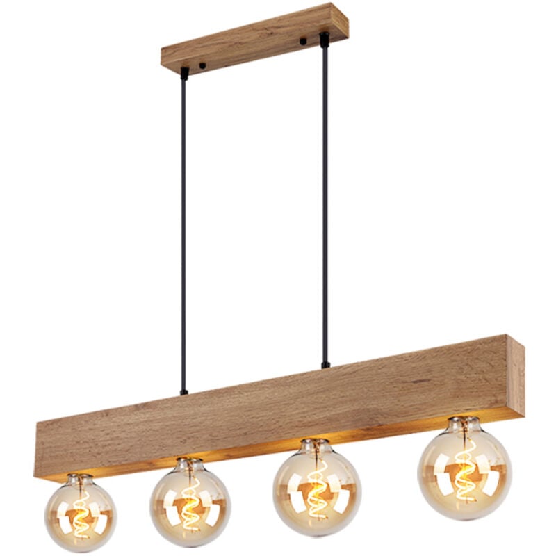 Suspension lampe en bois 4 flammes poutre en bois lampe à suspension marron clair lampe de salon, métal bois, 4x douilles E27, LxlxH 80x6x120 cm